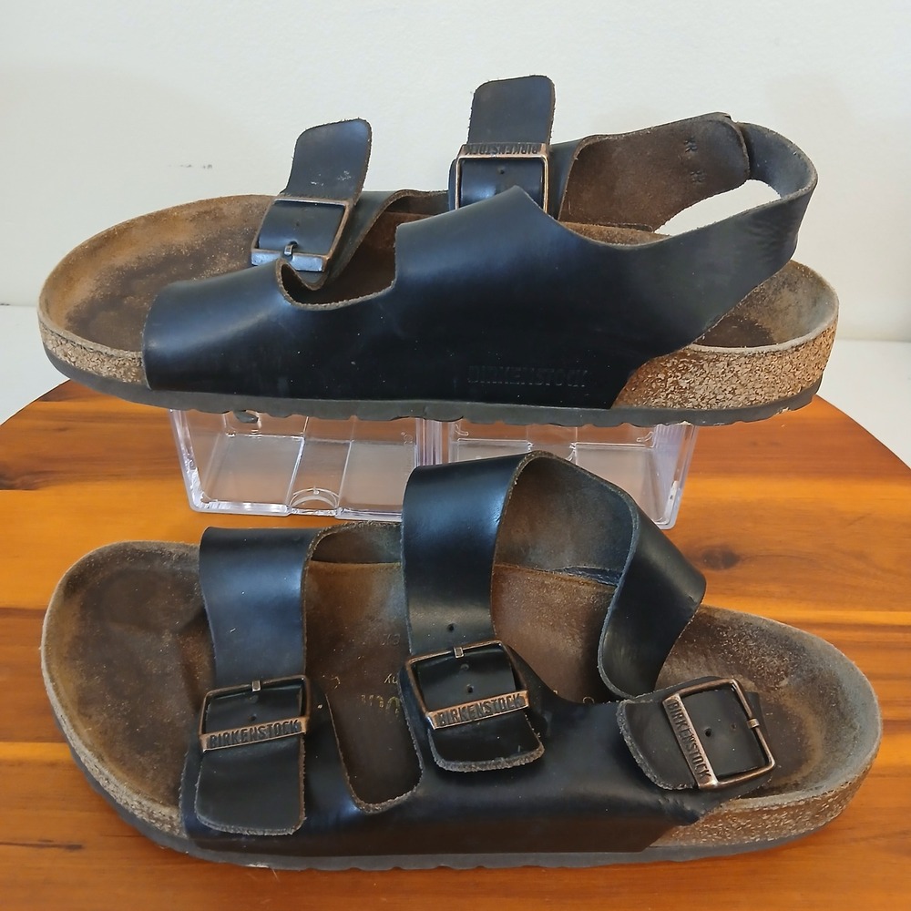 Birkenstock Milano Sandals Mens 41 Black Birko-Flor Strappy Cork Footbed